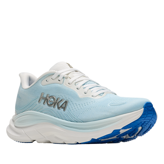 Light blue running shoe with white and blue sole on a white background