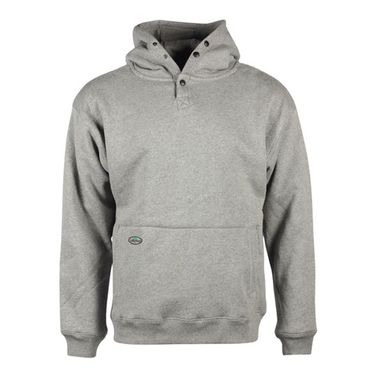 Gray hoodie with a brand logo on a white background