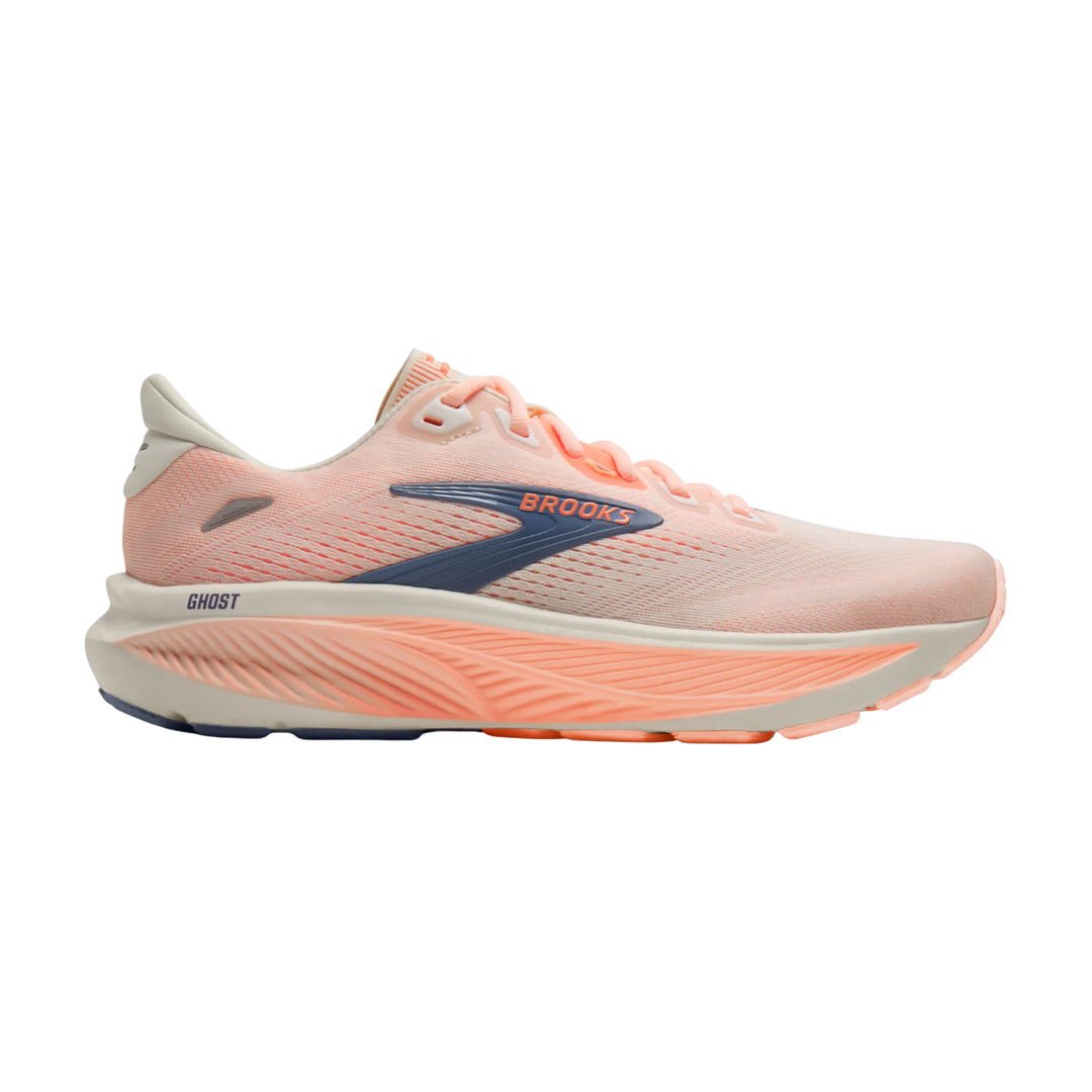 Pink running shoe with Brooks logo on a white background
