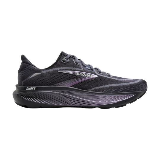 Black sneaker with textured design on a white background