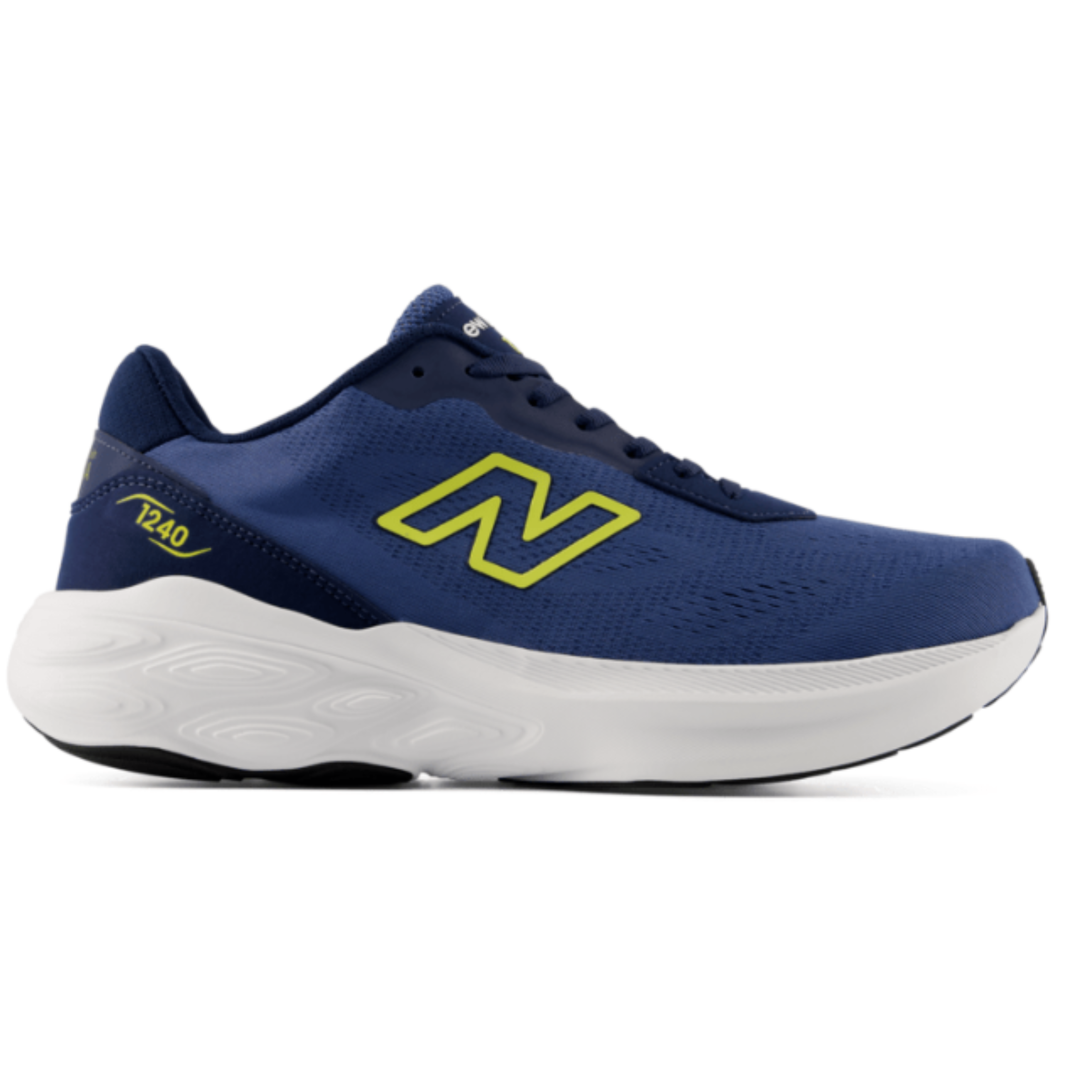 Blue running shoe with yellow accents on a white background