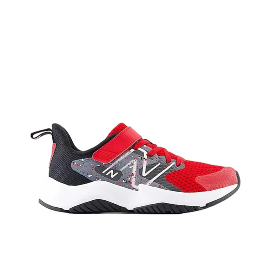 Red, black, and gray sneaker on a white background