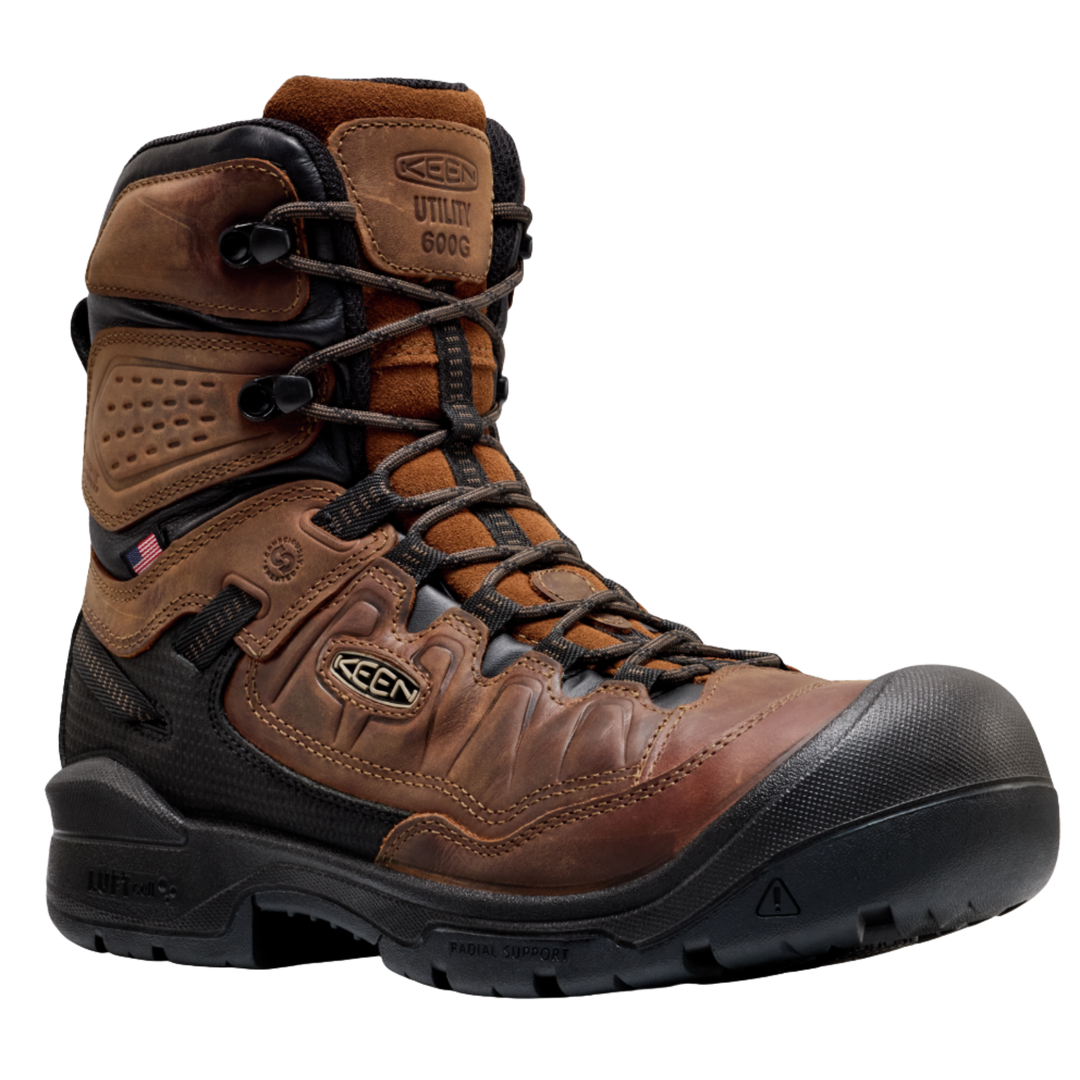 Brown and black boot with Keen logo on a white background