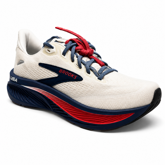 White running shoe with red and blue accents on a white background