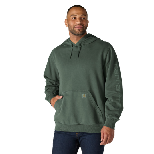 Man wearing a green hoodie with a visible brand logo on a white background
