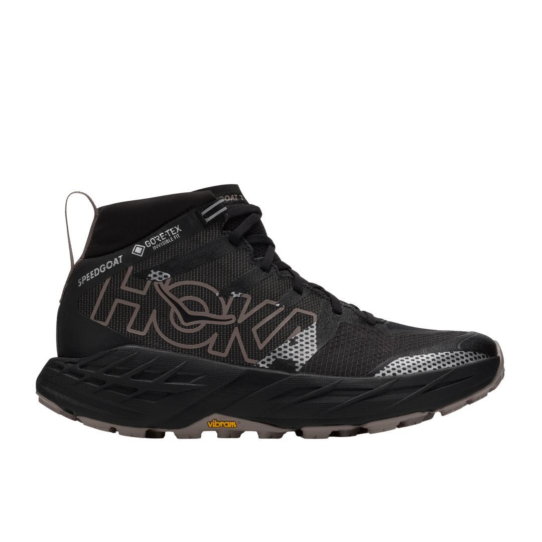 Black hiking boot with visible brand logo on a white background