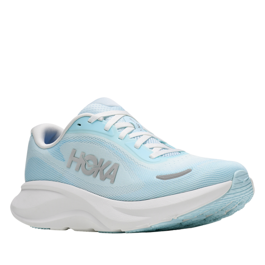 Light blue running shoe with white sole on a white background