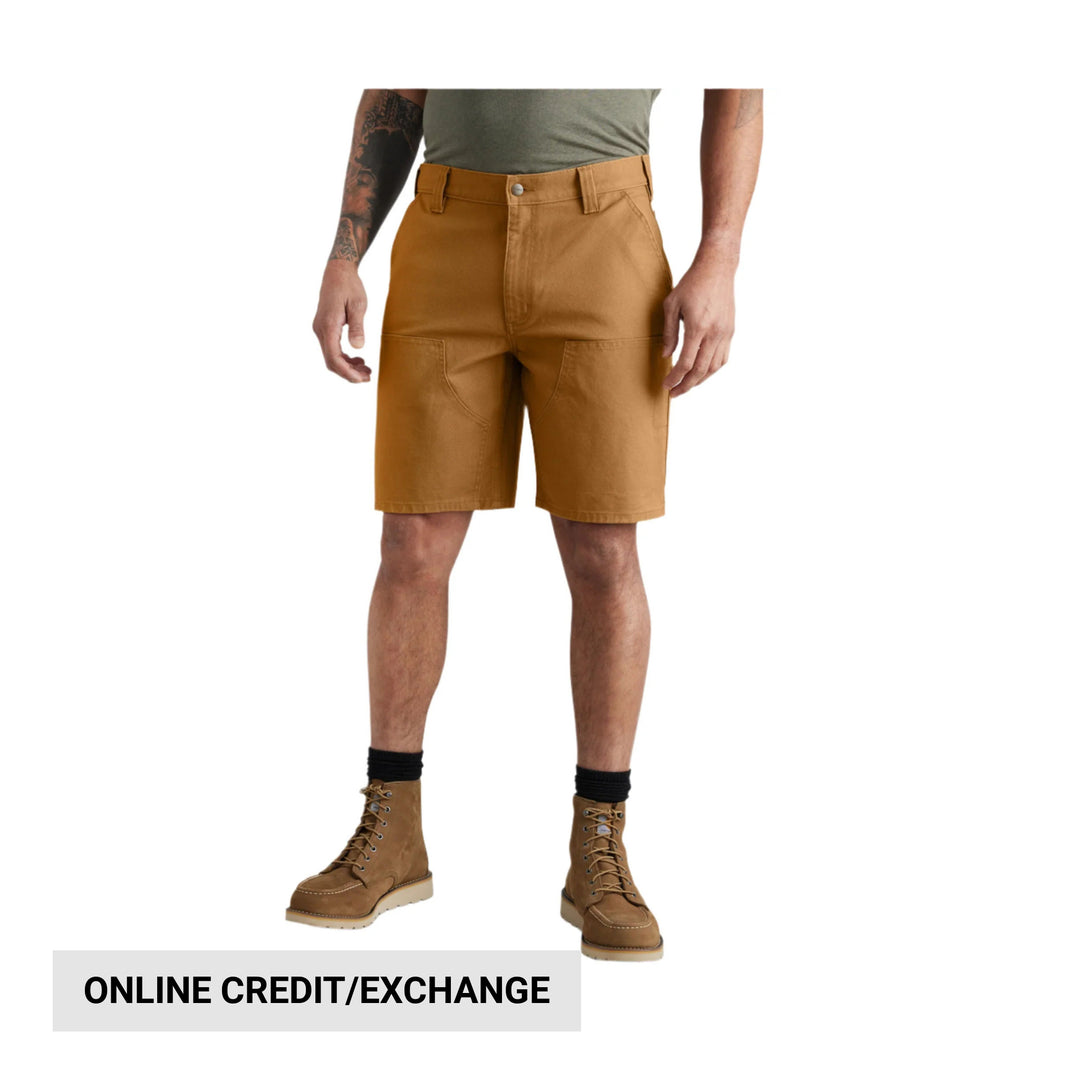 Brown utility work shorts with double front panels and a button waist