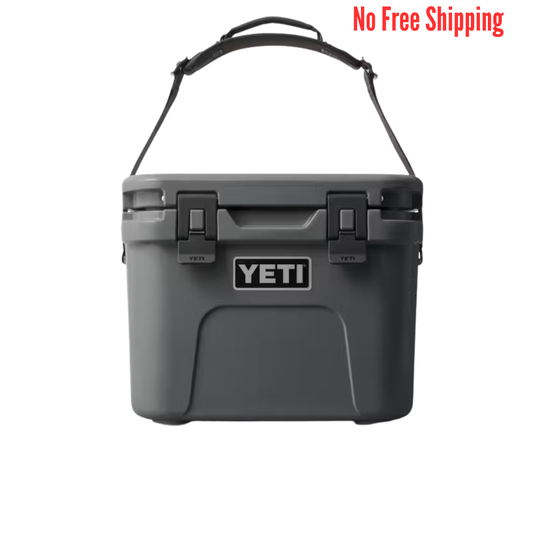Gray hard-sided cooler with black handle straps and latches on a white background