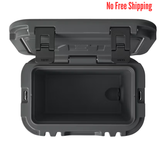Dark gray hard cooler with open lid on a white background