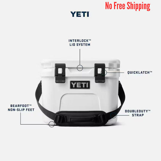 White hard cooler with black strap and labeled lid features on a white background