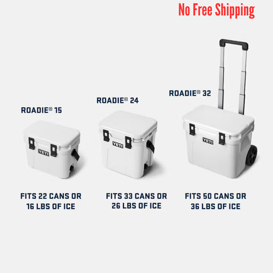 Three white YETI coolers in different sizes on a white background, labeled Roadie 15, 24, and 32 with capacity text.