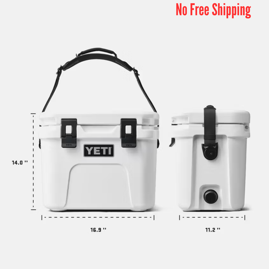 White hard cooler shown front and side views with black handle and latches, plus "No Free Shipping" text