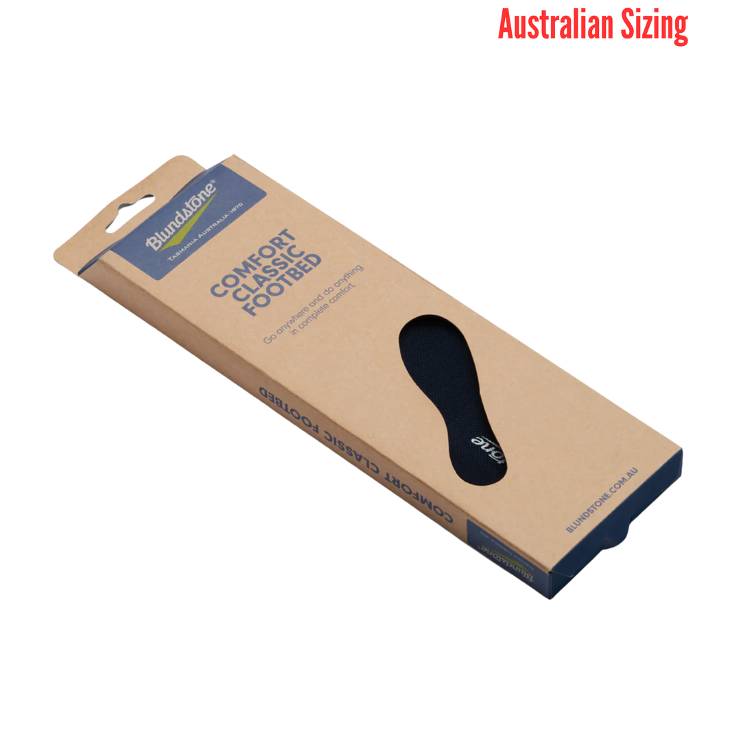 Brown Blundstone insole packaging with blue branding and a cutout showing the black footbed