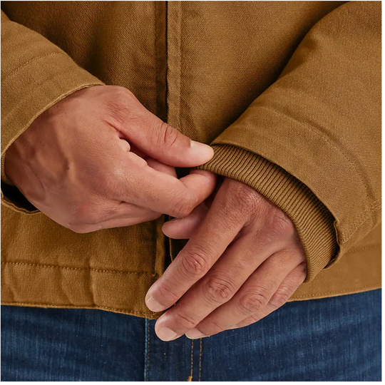 Carhartt Men's Montana Rugged Flex Duck Jacket - Carhartt Brown/Coffee on a male model on a white background. Zoomed in on cuffs. 