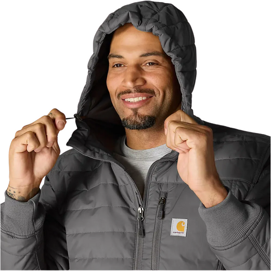 Carhartt Men's Gilliam Active Jacket - Shadow on a male model on a white background. Zoomed into hoodie using bungees to close it up.