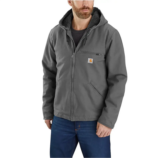 Carhartt Men's Relaxed Fit Washed Duck Sherpa Lined Jacket - Gravel on a male model on a white background.
