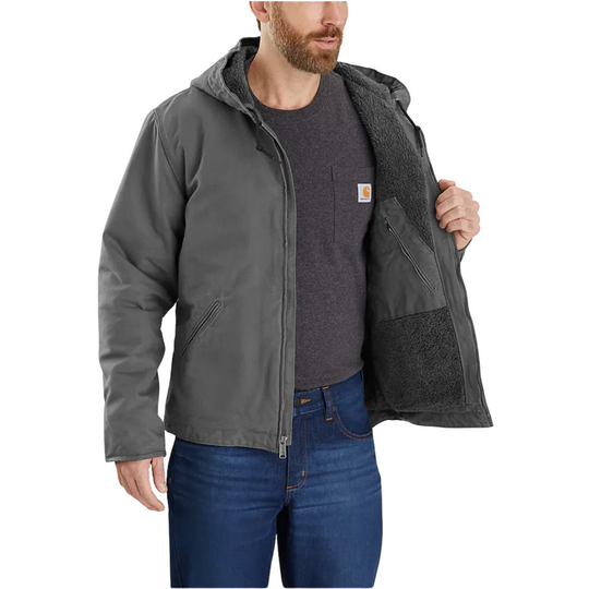 Carhartt Men's Relaxed Fit Washed Duck Sherpa Lined Jacket - Gravel on a male model on a white background.