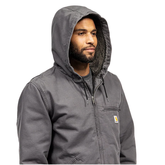 Carhartt Men's Relaxed Fit Washed Duck Sherpa Lined Jacket - Gravel on a male model on a white background.