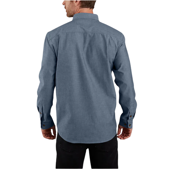 Carhartt Men's Fort Loose Long Sleeve Shirt - Denim Blue Chambray On a Male Model On a White background.