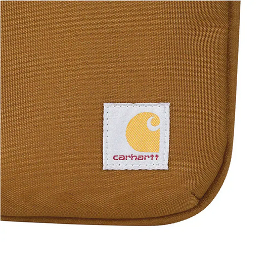 Carhartt Utility Soft Sided Organizer - Carhartt Brown on a white background. Zoomed in on Carhartt logo
