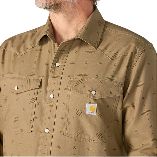 Carhartt Men's Montana Rugged Flex Relaxed Fit Lightweight Long Sleeve Plaid Shirt - Night Fatigue Geo Print on male model on white background.