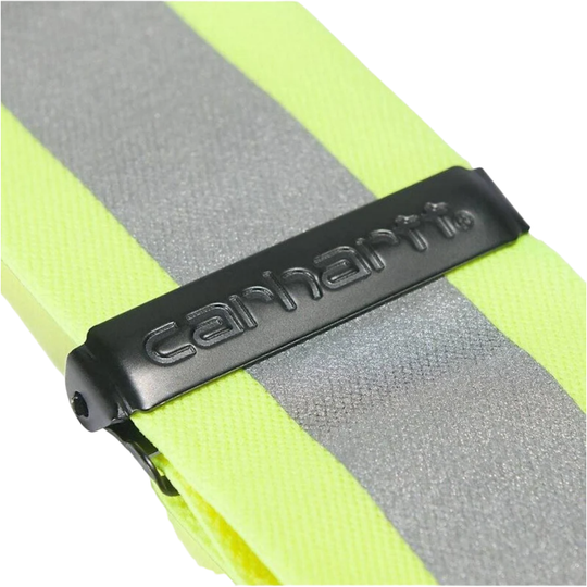 High-visibility yellow and gray suspenders with a black Carhartt clip