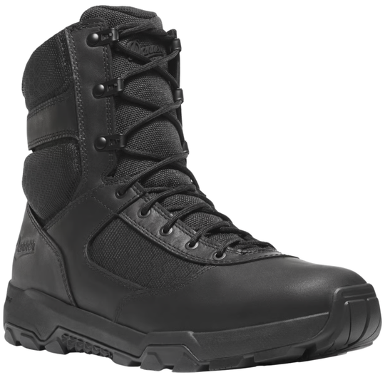 Black lace-up work boot with side zipper, padded collar, and rugged lug sole