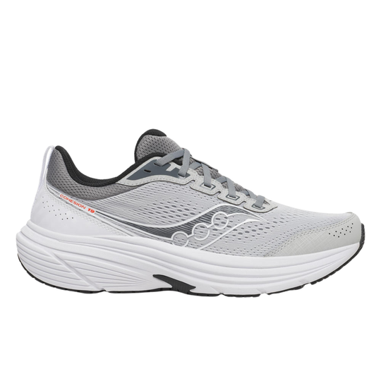 Gray and white running shoe on a white background