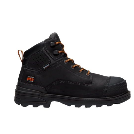Black work boot with orange accents on a white background