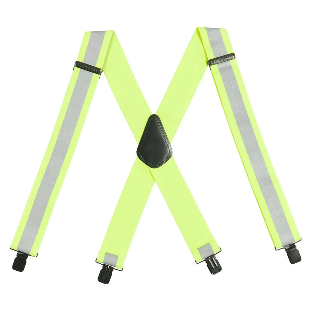 Neon yellow X-back suspenders with reflective gray stripes and black clips