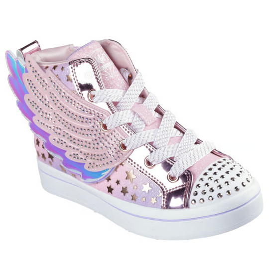 Light pink high-top kids sneaker with iridescent wing detail, rhinestones, white laces, and star accents