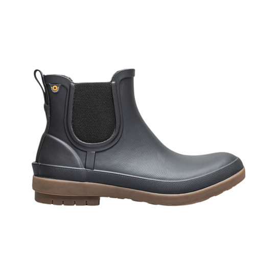 Black ankle rain boot with pull tab, elastic side panels, and a tan lug sole