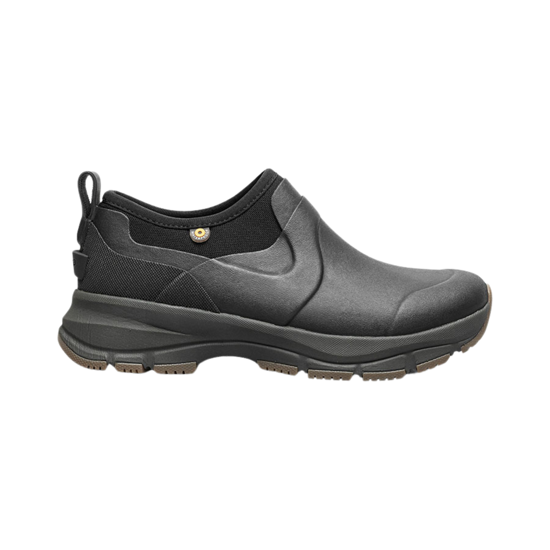 Black slip-on boot with a textured rubber sole and pull loop at the heel