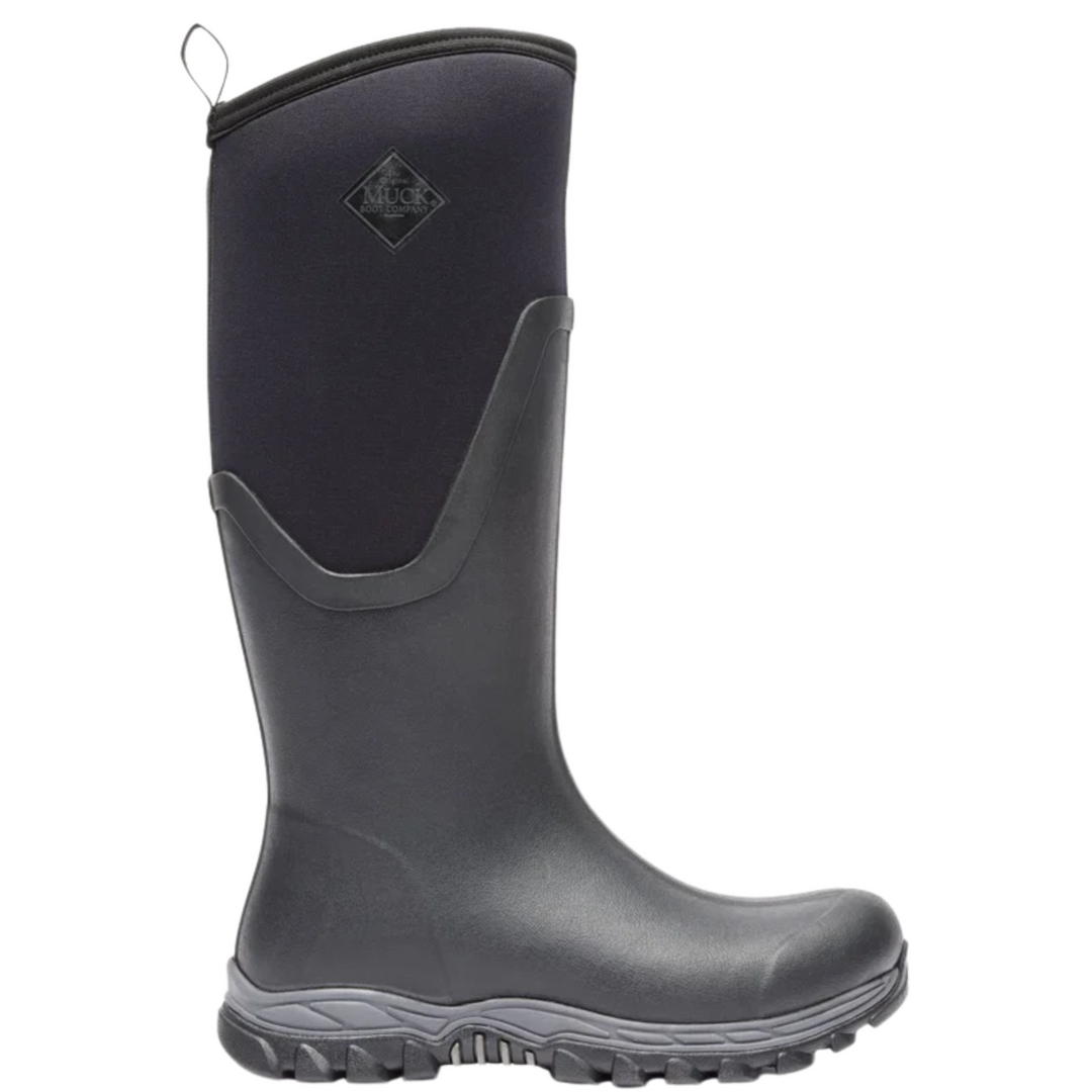 Black tall rubber boot with a rugged tread sole and pull loop at the top