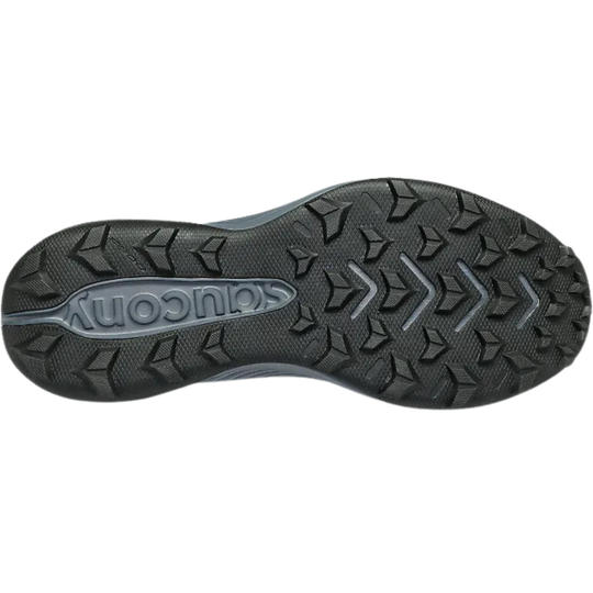 Black trail shoe outsole with lugged tread and raised Saucony logo