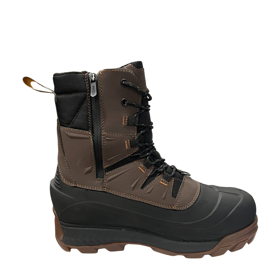 Brown and black winter boot on a white background