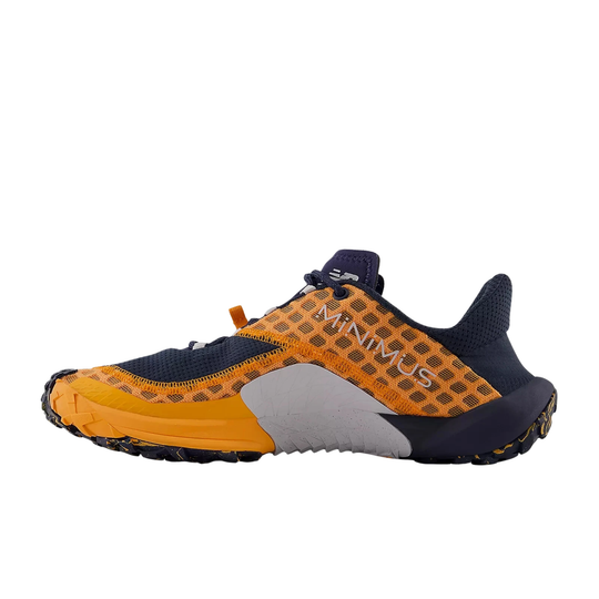 Low-profile trail running shoe in navy, orange, and gray with a grippy outsole and MINIMUS text on the side