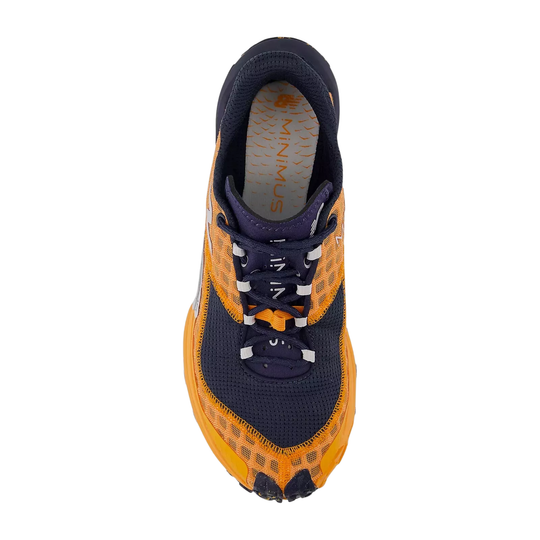 Top view of a navy and orange trail running shoe with mesh upper and bungee laces, showing MINIMUS on the insole