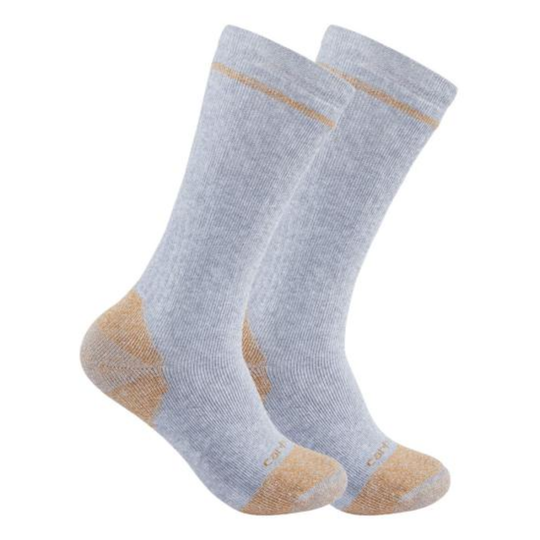 Pair of gray socks with tan accents on a white background