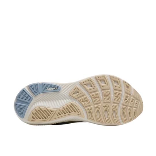 Running shoe outsole with beige tread and blue heel sections, showing Brooks branding.
