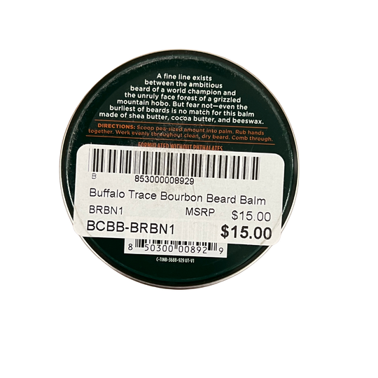 Round dark green tin of beard balm with a white retail sticker showing the product name and $15.00 price