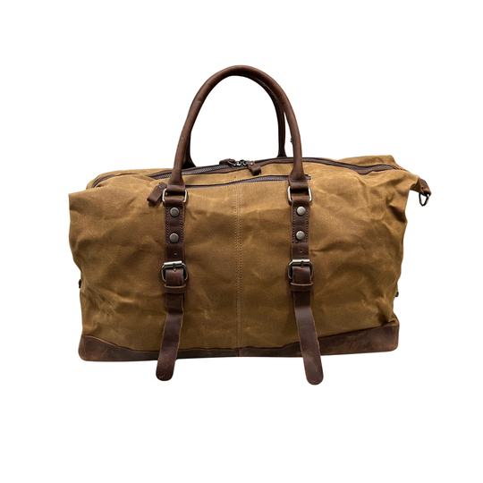Brown leather duffel bag with straps on a white background