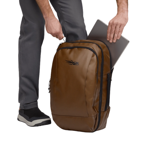 Brown backpack with a person holding a laptop, on a white background