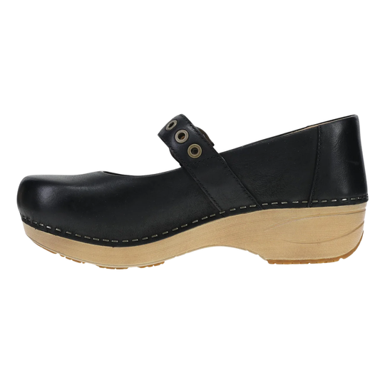 Black leather clog shoe with wooden sole on a white background