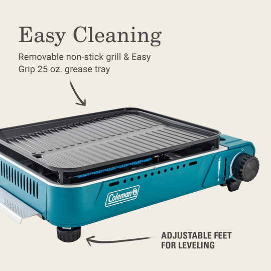 Portable blue tabletop grill with removable non-stick grill and adjustable leveling feet
