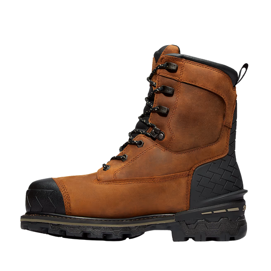 Brown leather work boot with black laces