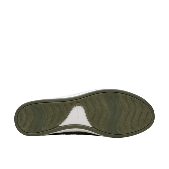 olive sneaker with white sole on a light gray background