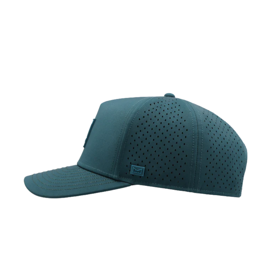 Teal perforated baseball cap with curved brim and small logo patch
