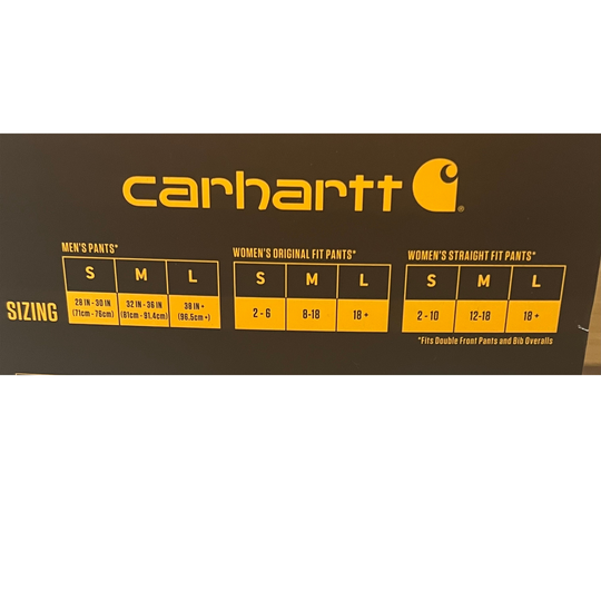 Carhartt sizing chart showing men's pants and women's pants sizes in S, M, and L